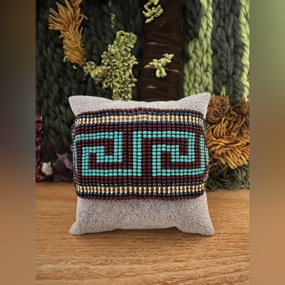 Geometric Greek Style Beaded Cuff Bracelet - Large Retro Handmade Bracelet Cuff